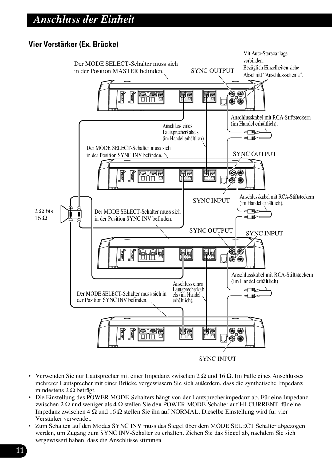 Pioneer PRS-D1100M owner manual Vier Verstärker Ex. Brücke, Der Position Sync INV befinden Erhältlich 