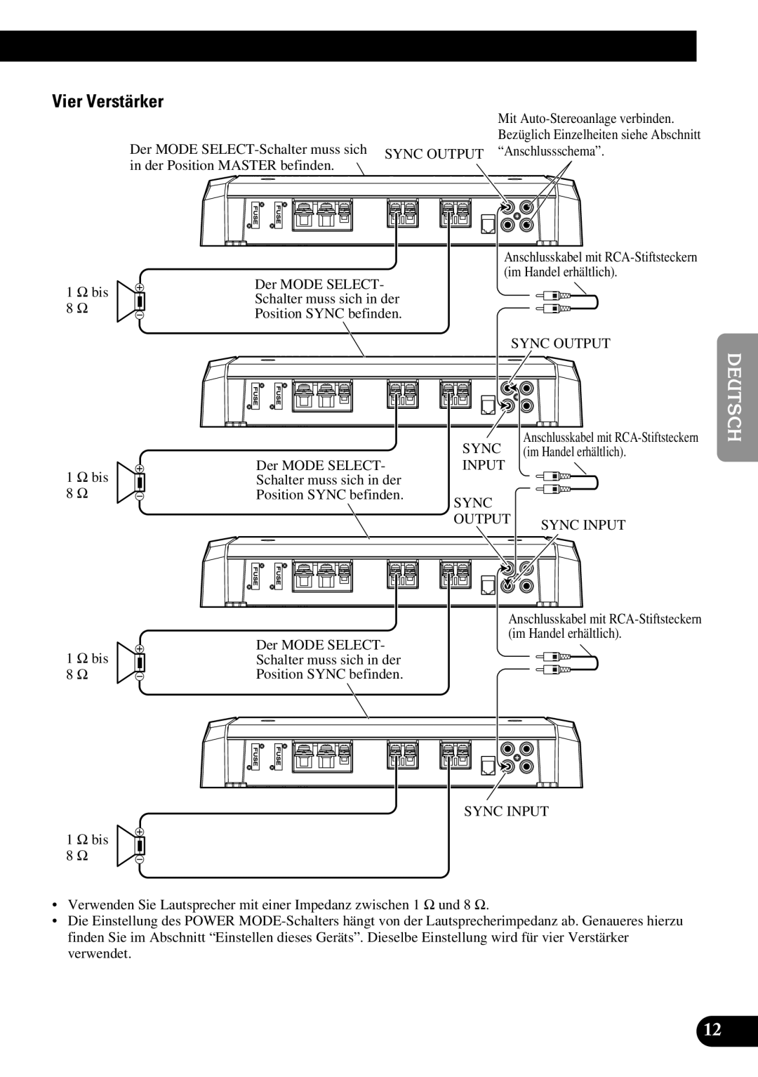 Pioneer PRS-D1100M owner manual Vier Verstärker, Bis Der Mode Select, Schalter muss sich in der Position Sync befinden 