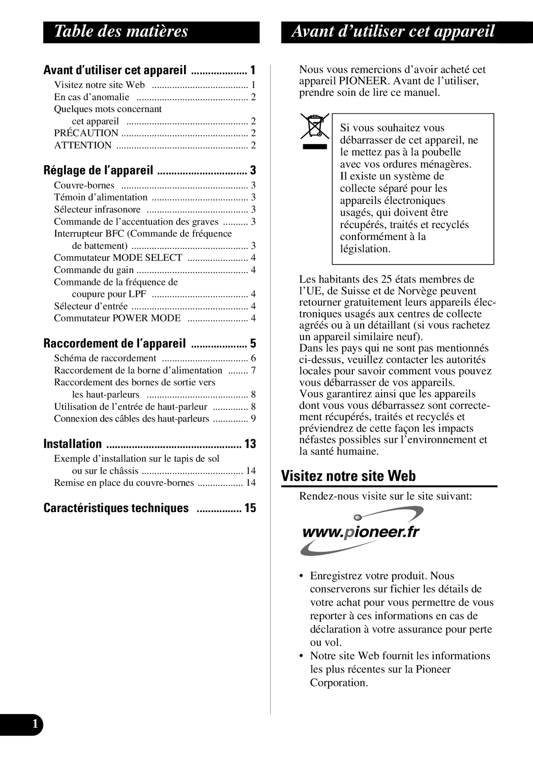 Pioneer PRS-D1100M owner manual Table des matières, Visitez notre site Web 