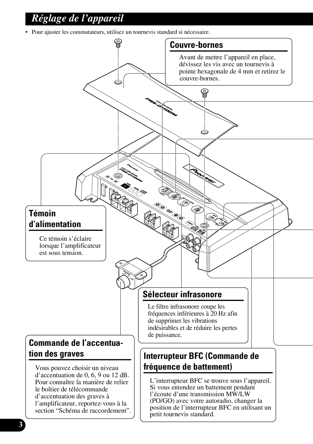 Pioneer PRS-D1100M owner manual Réglage de l’appareil, Témoin ’alimentation, Couvre-bornes, Sélecteur infrasonore 