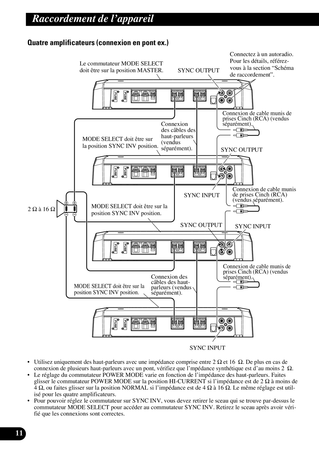 Pioneer PRS-D1100M owner manual Quatre amplificateurs connexion en pont ex 