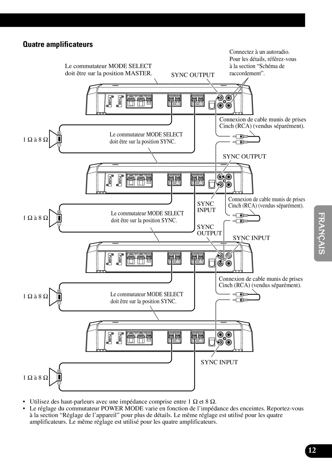 Pioneer PRS-D1100M owner manual Quatre amplificateurs, Le commutateur Mode Select Doit être sur la position Master 