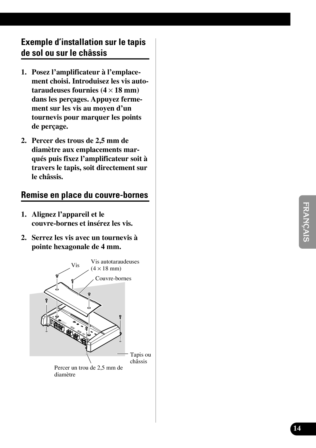 Pioneer PRS-D1100M owner manual Remise en place du couvre-bornes, Vis, Couvre-bornes 