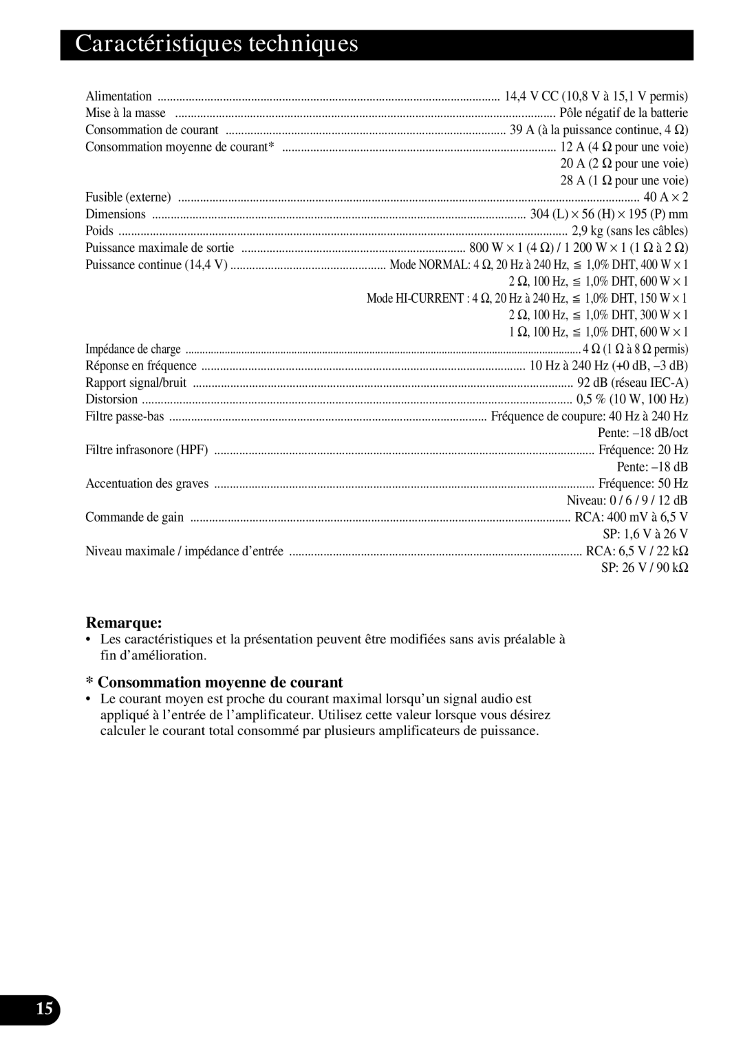 Pioneer PRS-D1100M owner manual Caractéristiques techniques, Consommation moyenne de courant 