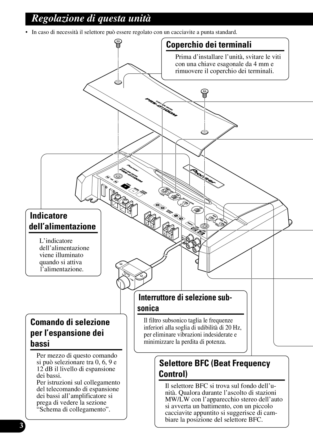 Pioneer PRS-D1100M owner manual Regolazione di questa unità, Coperchio dei terminali, Interruttore di selezione sub- sonica 