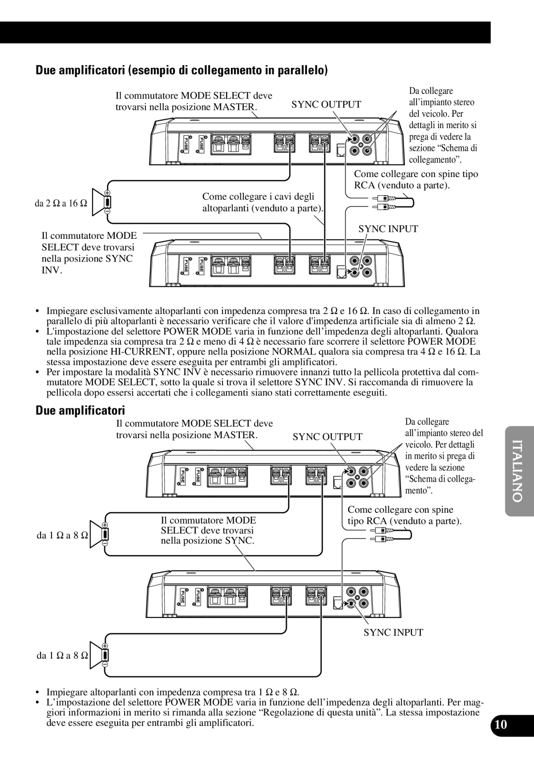 Pioneer PRS-D1100M owner manual Due amplificatori esempio di collegamento in parallelo, Inv 