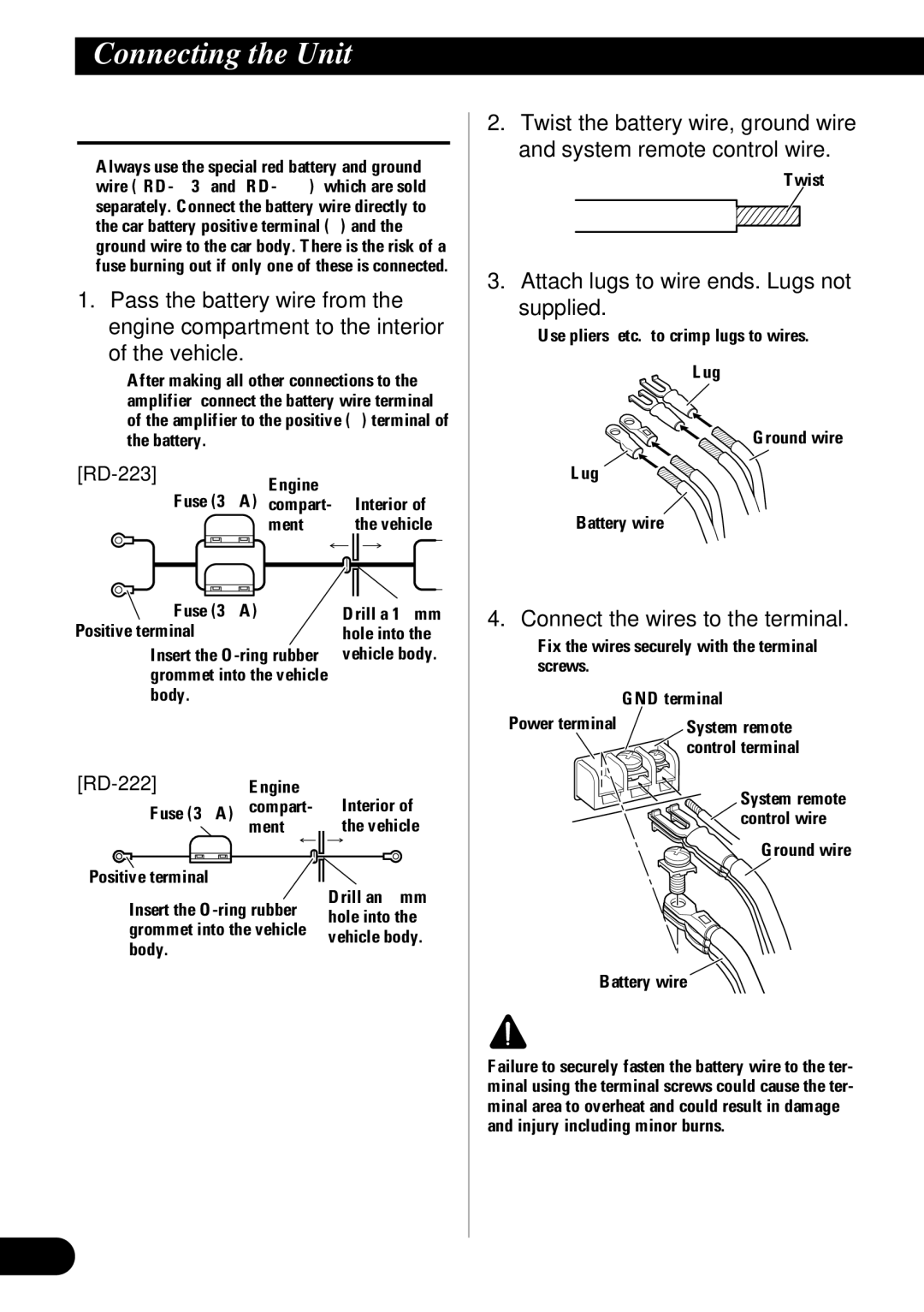 Pioneer PRS-D1100M owner manual Connecting the Power Terminal, Attach lugs to wire ends. Lugs not supplied, RD-223, RD-222 