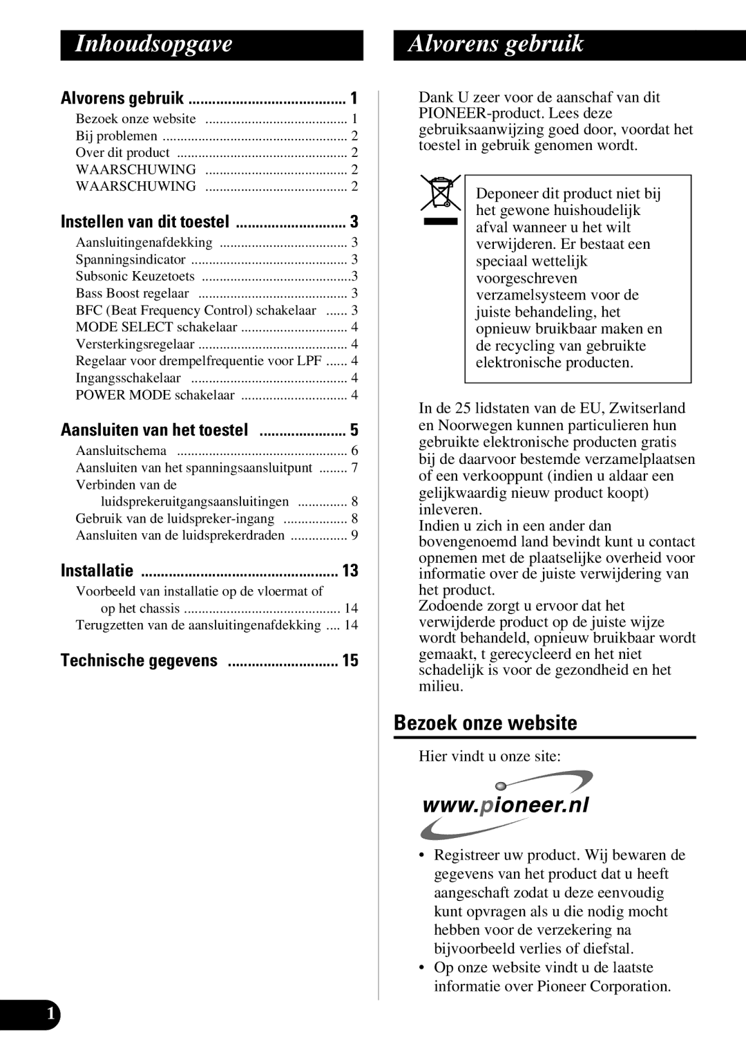 Pioneer PRS-D1100M owner manual Inhoudsopgave, Alvorens gebruik, Bezoek onze website, Verbinden van de 