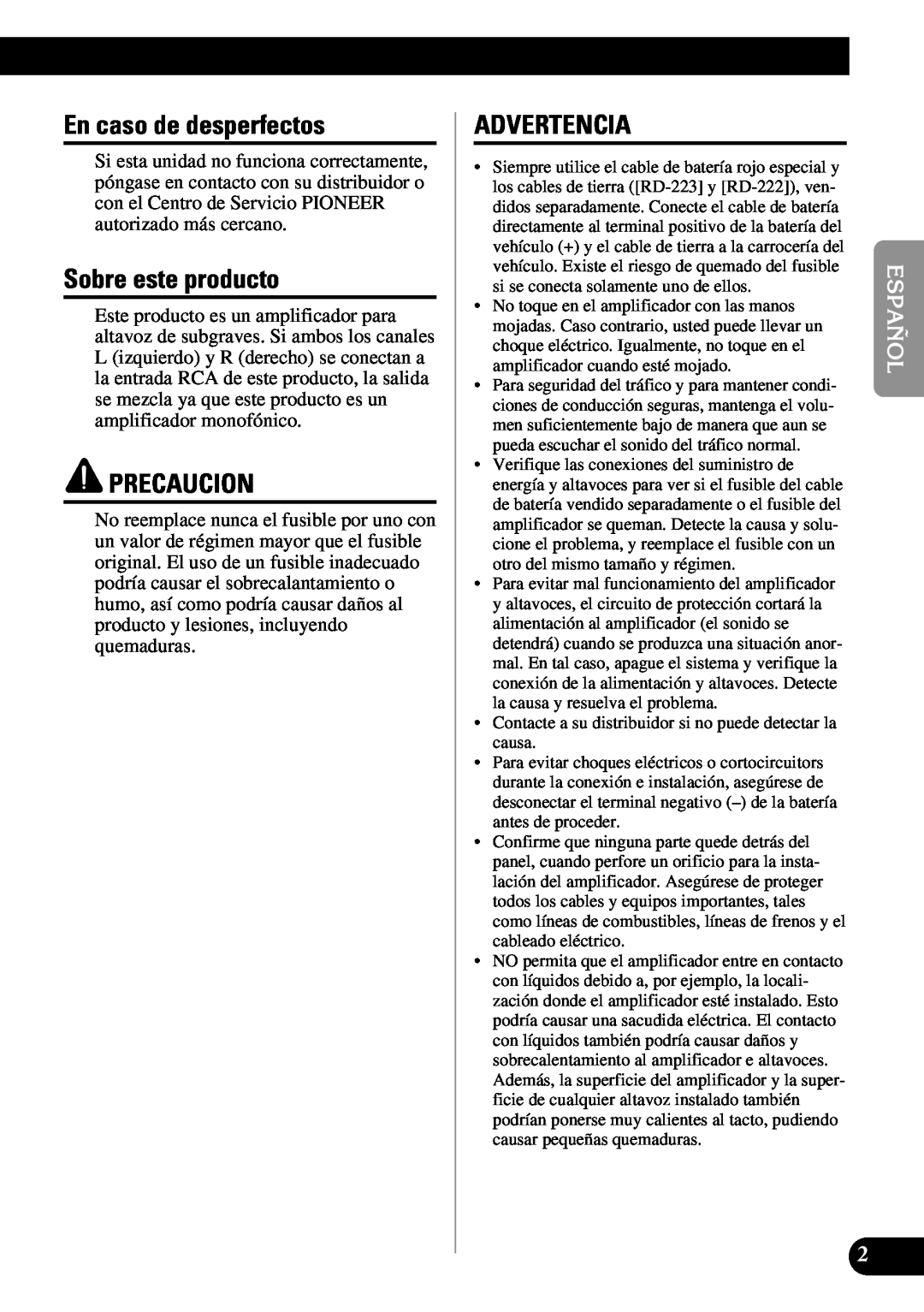 Pioneer PRS-D1100M owner manual En caso de desperfectos, Sobre este producto, Precaucion, Advertencia 