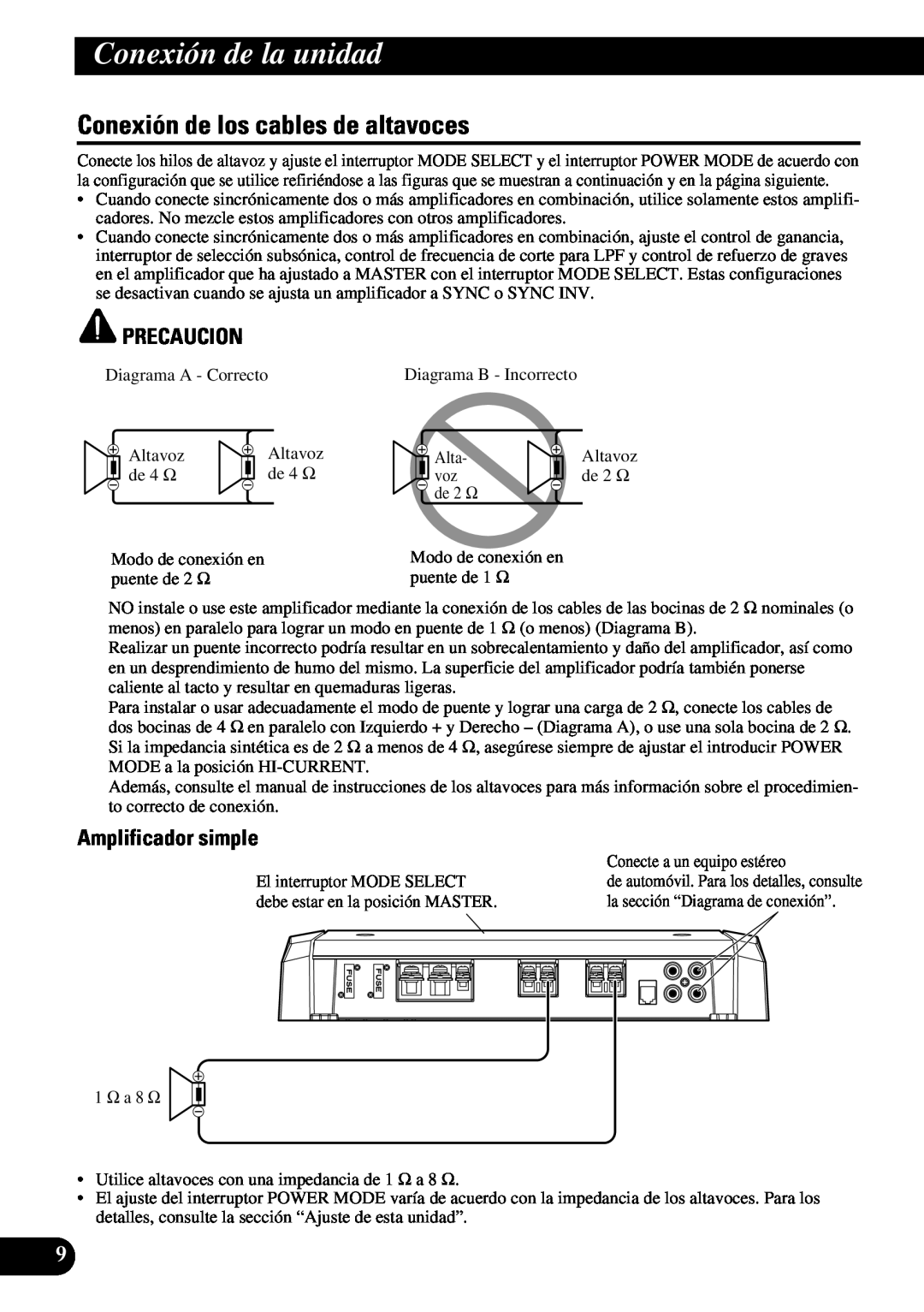Pioneer PRS-D1100M owner manual Conexión de los cables de altavoces, Amplificador simple, Conexión de la unidad, Precaucion 