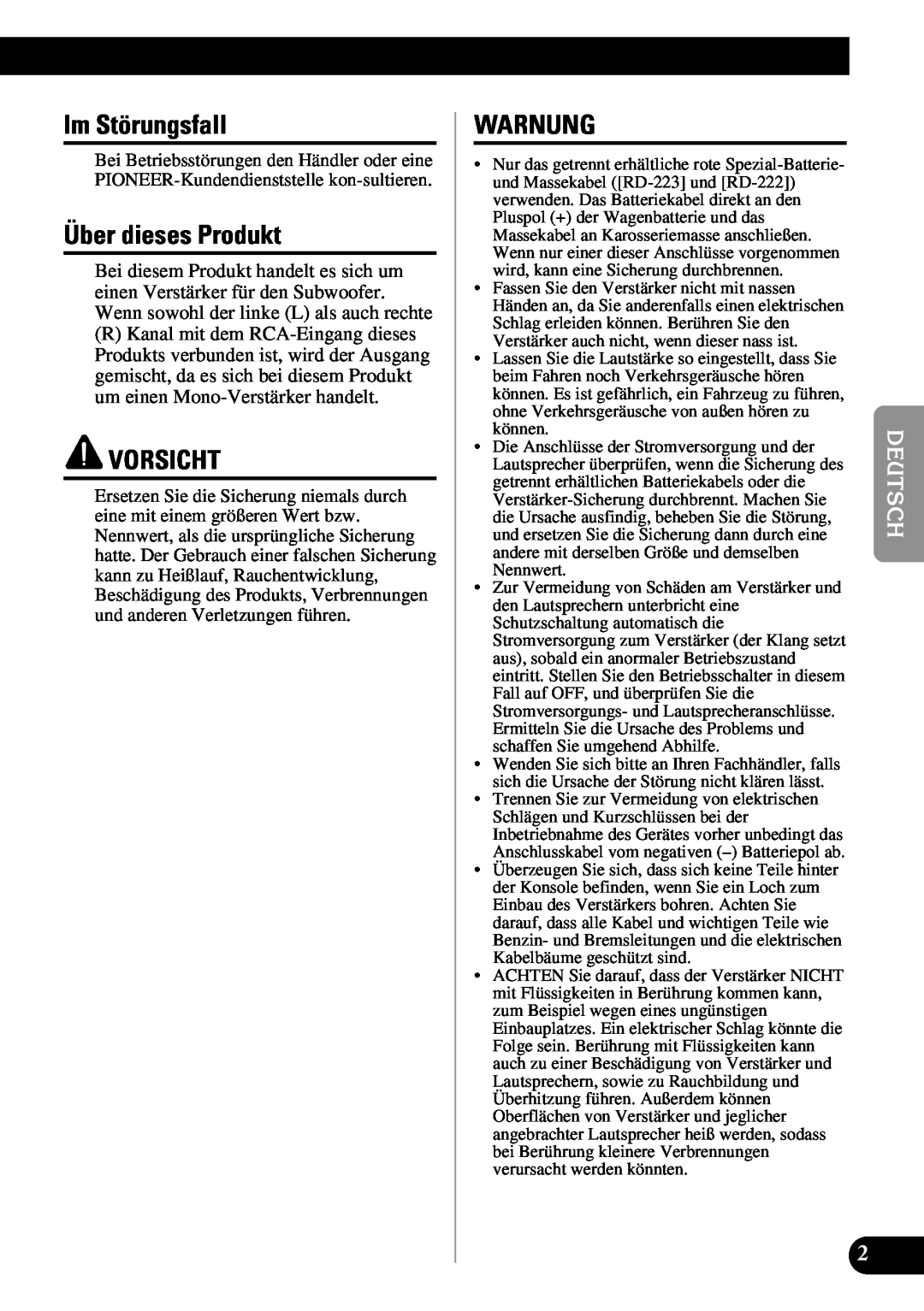 Pioneer PRS-D1100M owner manual Im Störungsfall, Über dieses Produkt, Vorsicht, Warnung 