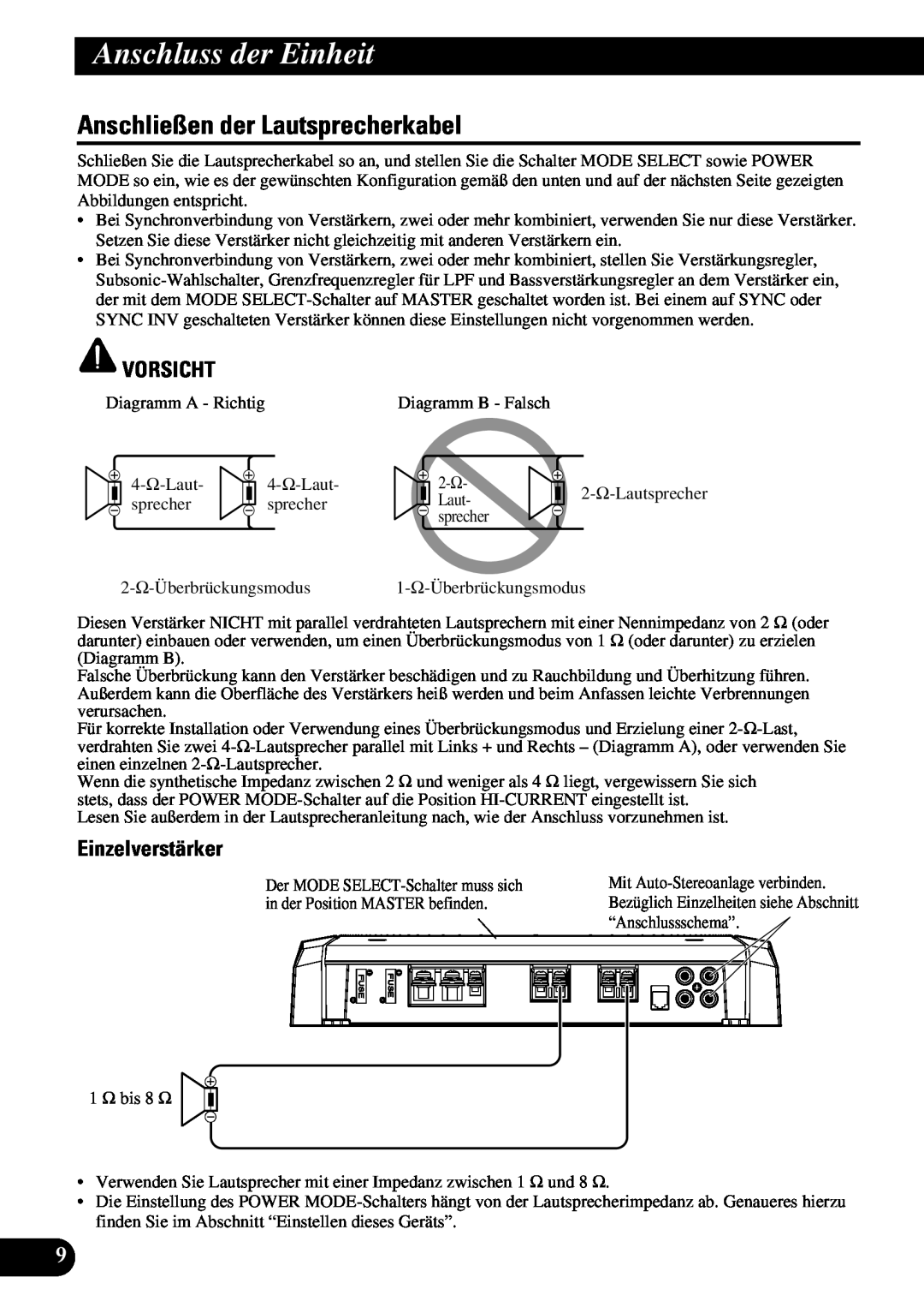 Pioneer PRS-D1100M owner manual Anschließen der Lautsprecherkabel, Einzelverstärker, Anschluss der Einheit, Vorsicht 