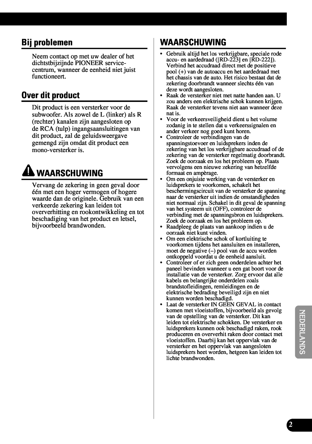 Pioneer PRS-D1100M owner manual Bij problemen, Over dit product, Waarschuwing 