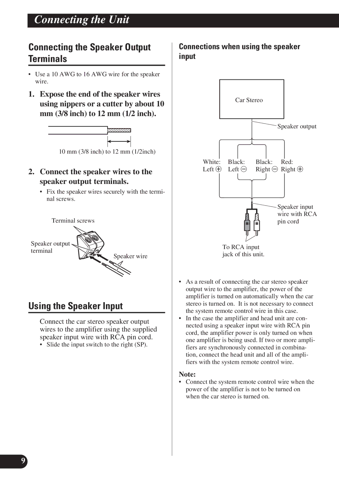 Pioneer PRS-D1200M owner manual Connecting the Speaker Output Terminals, Using the Speaker Input 