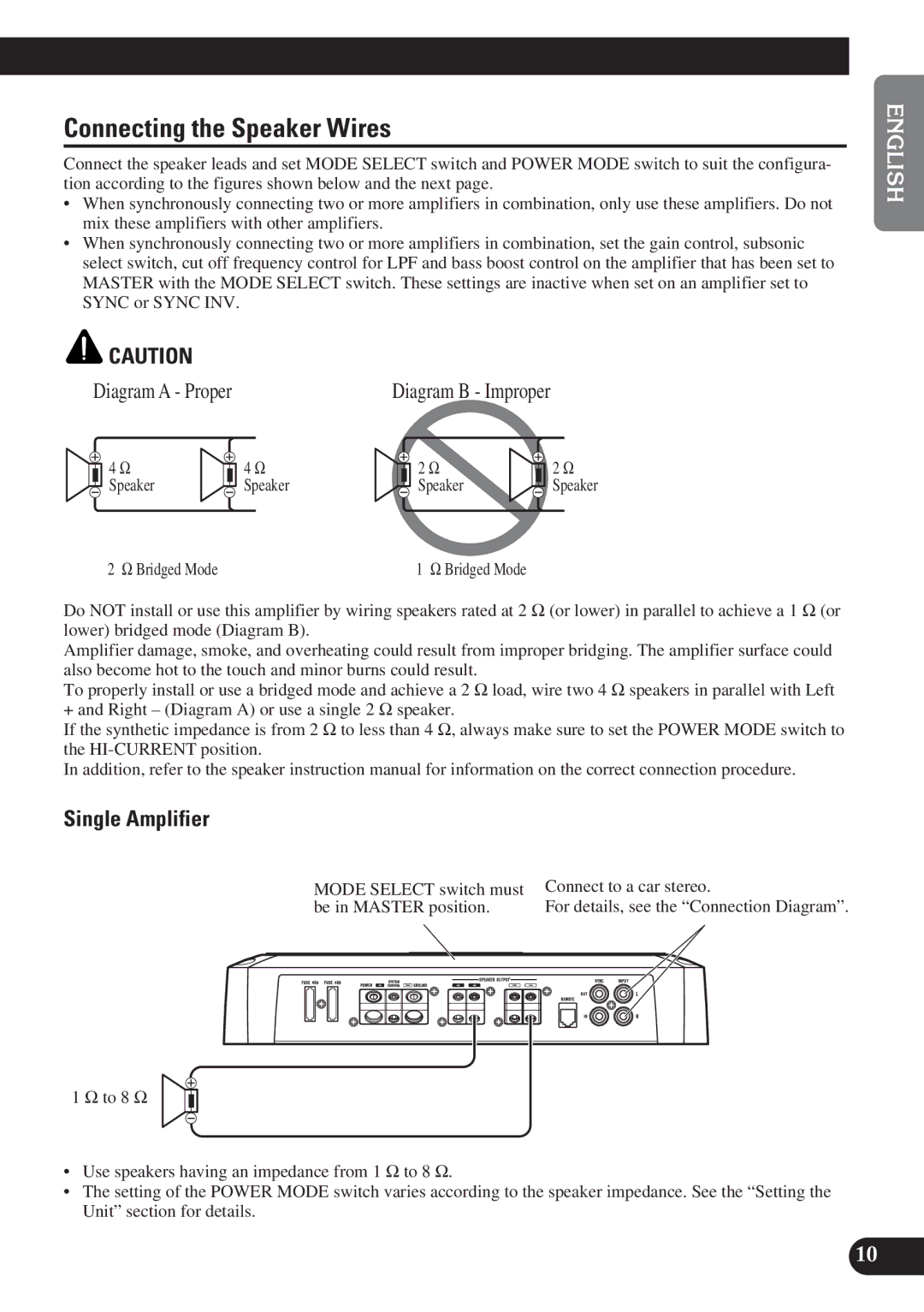 Pioneer PRS-D1200M Connecting the Speaker Wires, Single Amplifier, Connect to a car stereo, Be in Master position 