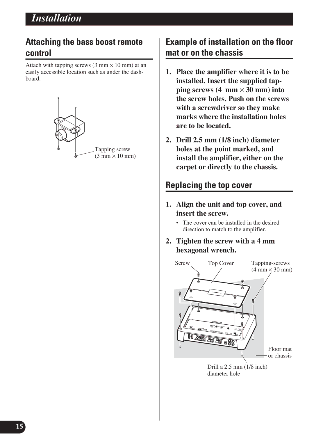 Pioneer PRS-D1200M Attaching the bass boost remote control, Example of installation on the floor mat or on the chassis 