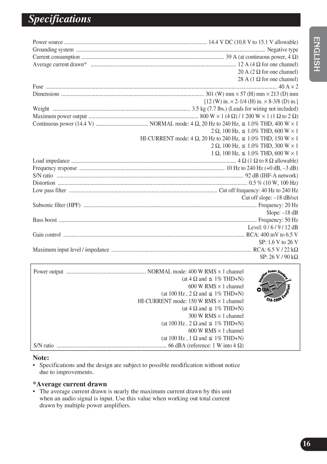 Pioneer PRS-D1200M owner manual Specifications 