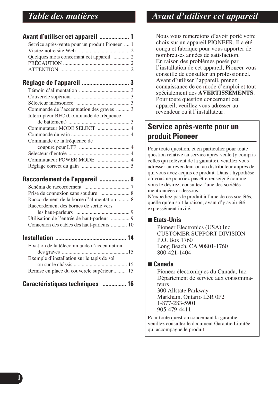 Pioneer PRS-D1200M Table des matières, Avant d’utiliser cet appareil, Service après-vente pour un produit Pioneer, Canada 