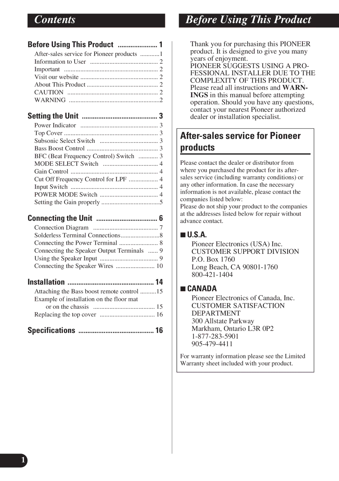 Pioneer PRS-D1200M owner manual Contents, Before Using This Product 