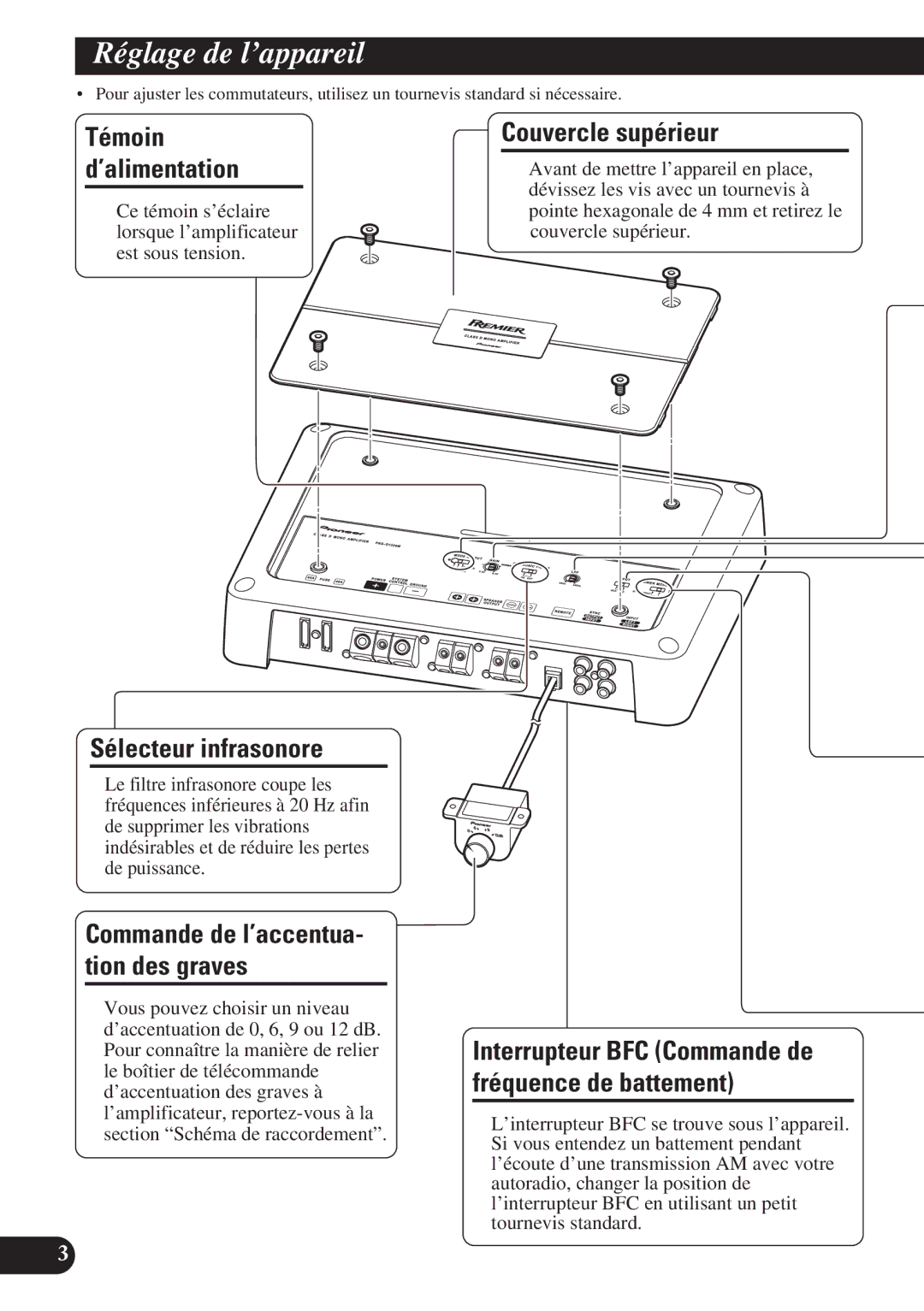 Pioneer PRS-D1200M owner manual Réglage de l’appareil, Témoin ’alimentation, Sélecteur infrasonore, Couvercle supérieur 