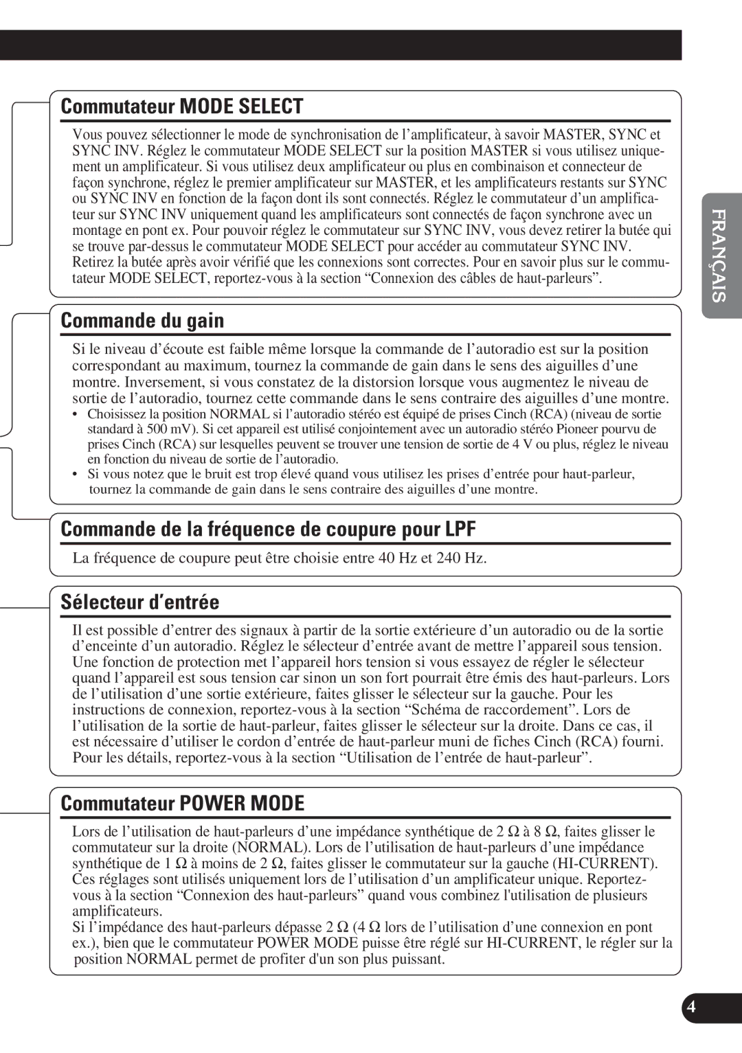 Pioneer PRS-D1200M owner manual Commutateur Mode Select, Commande du gain, Commande de la fréquence de coupure pour LPF 