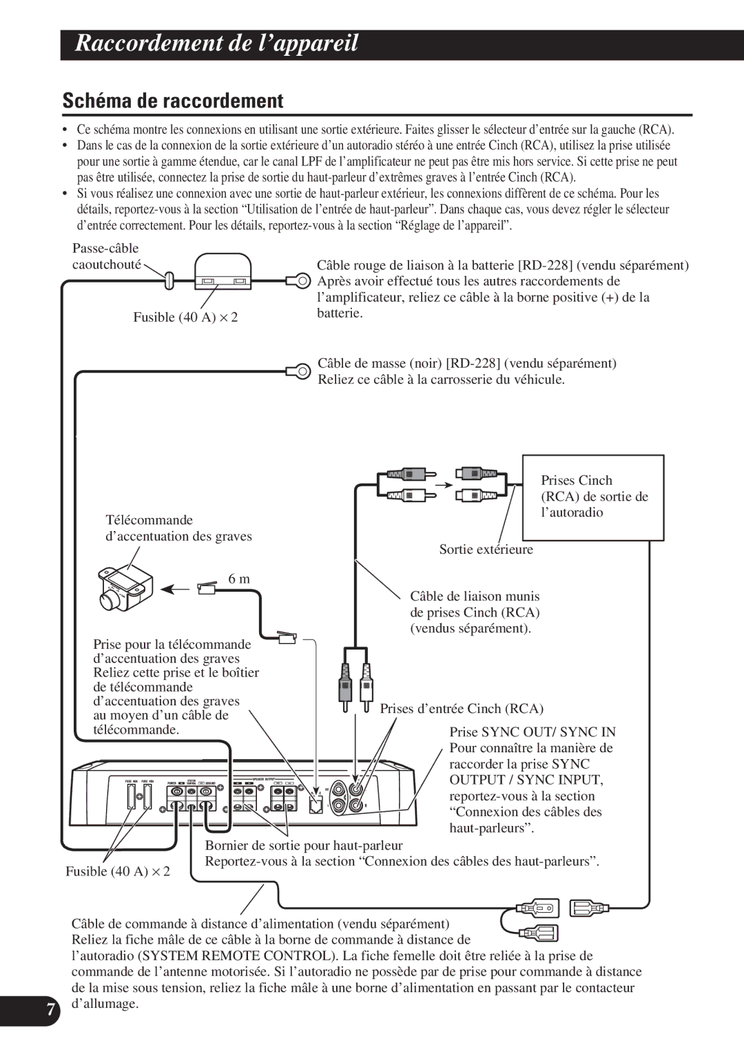 Pioneer PRS-D1200M owner manual Schéma de raccordement, Fusible 40 a ⋅, ’allumage 