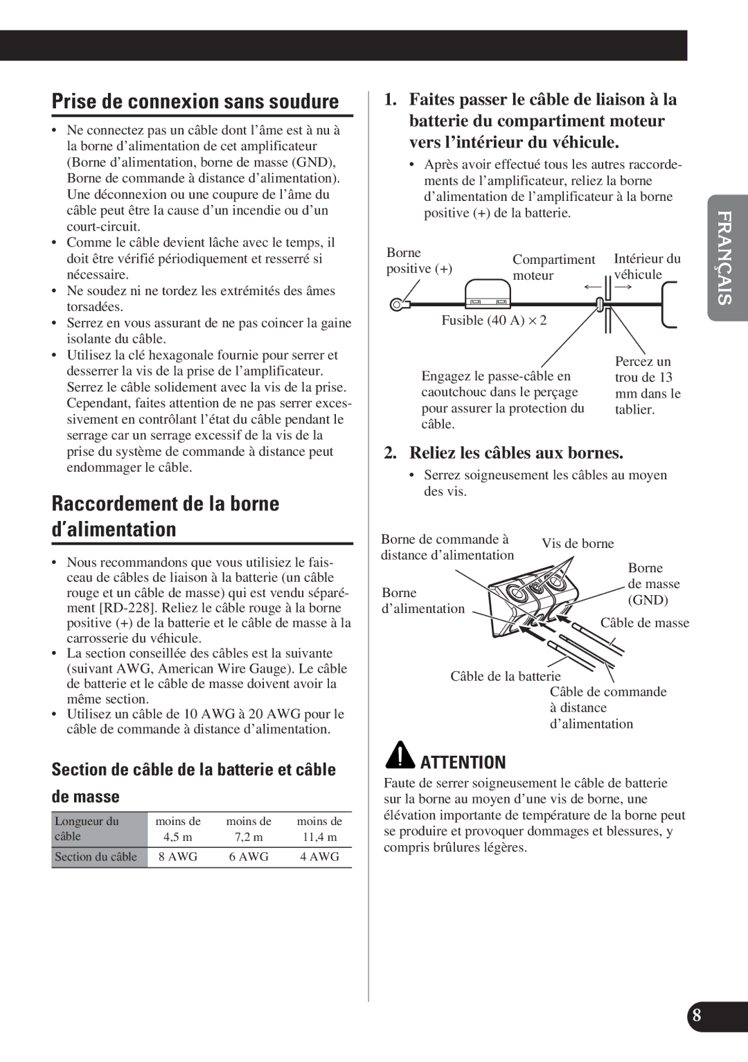 Pioneer PRS-D1200M owner manual Raccordement de la borne d’alimentation, De masse 