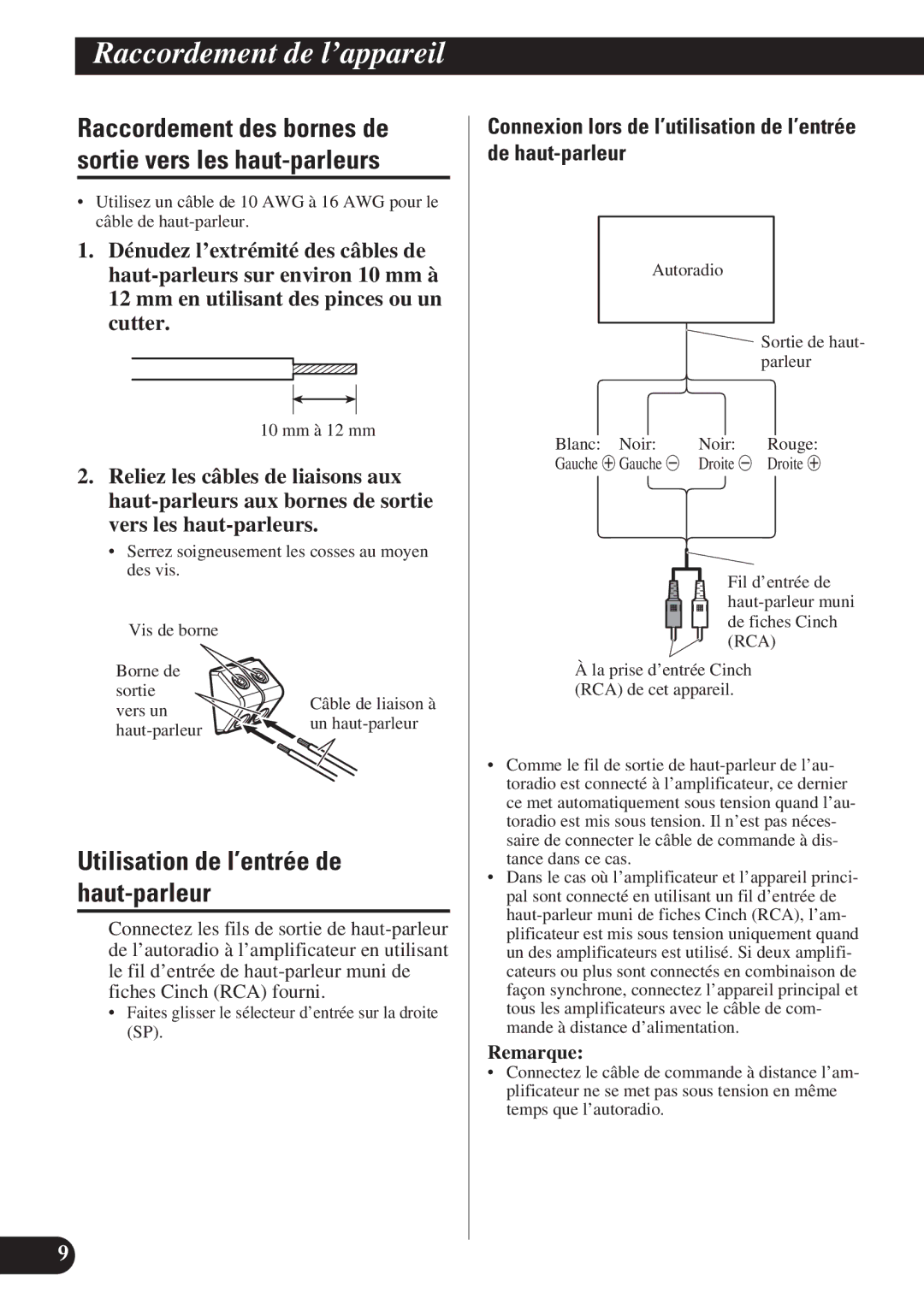 Pioneer PRS-D1200M Utilisation de l’entrée de haut-parleur, Raccordement des bornes de sortie vers les haut-parleurs 