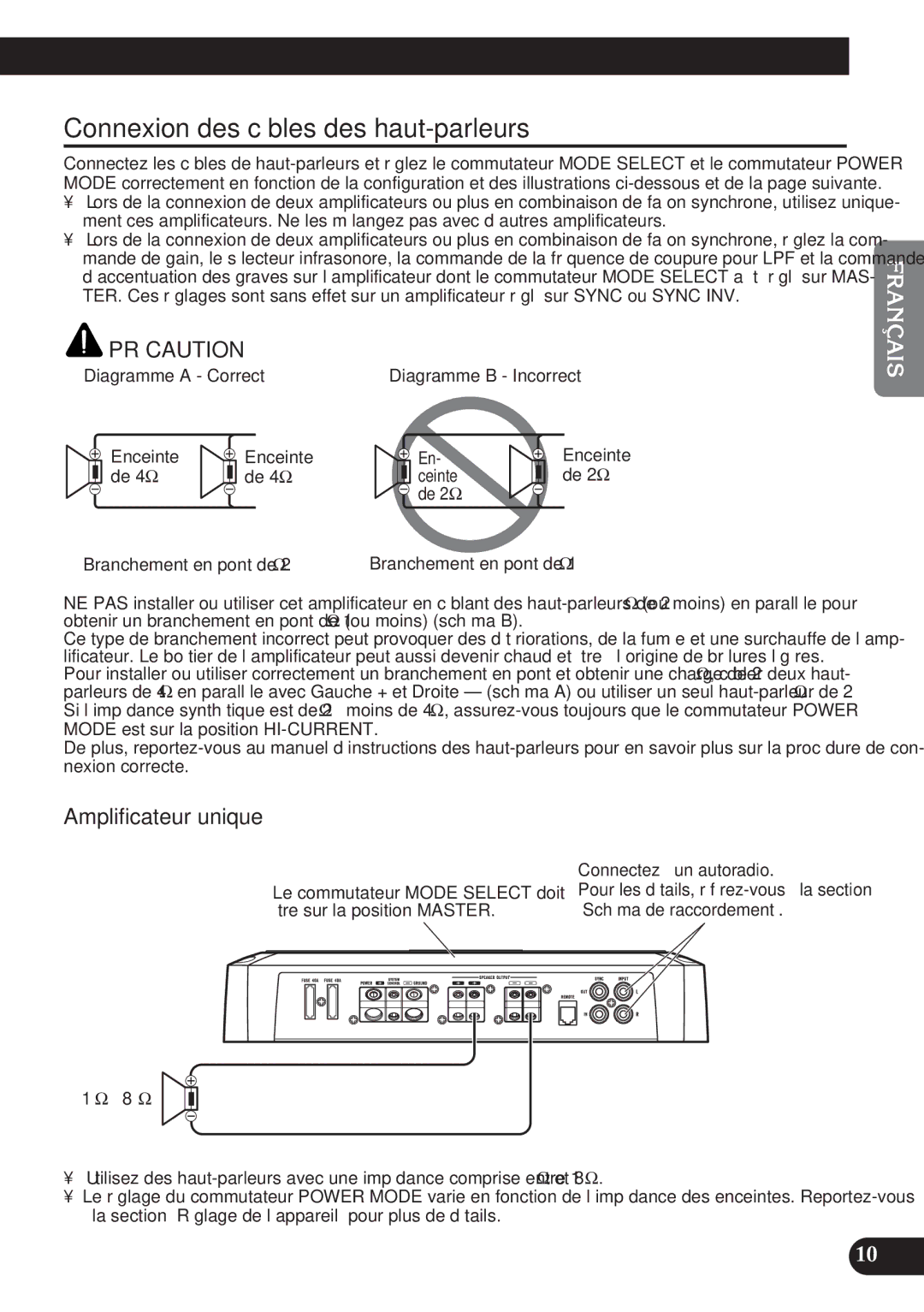 Pioneer PRS-D1200M owner manual Connexion des câbles des haut-parleurs, Amplificateur unique 