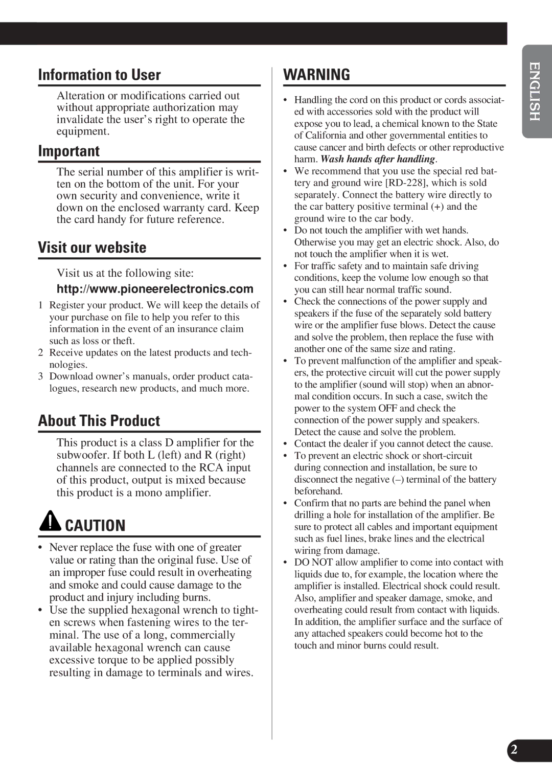 Pioneer PRS-D1200M owner manual Information to User, Visit our website, About This Product 