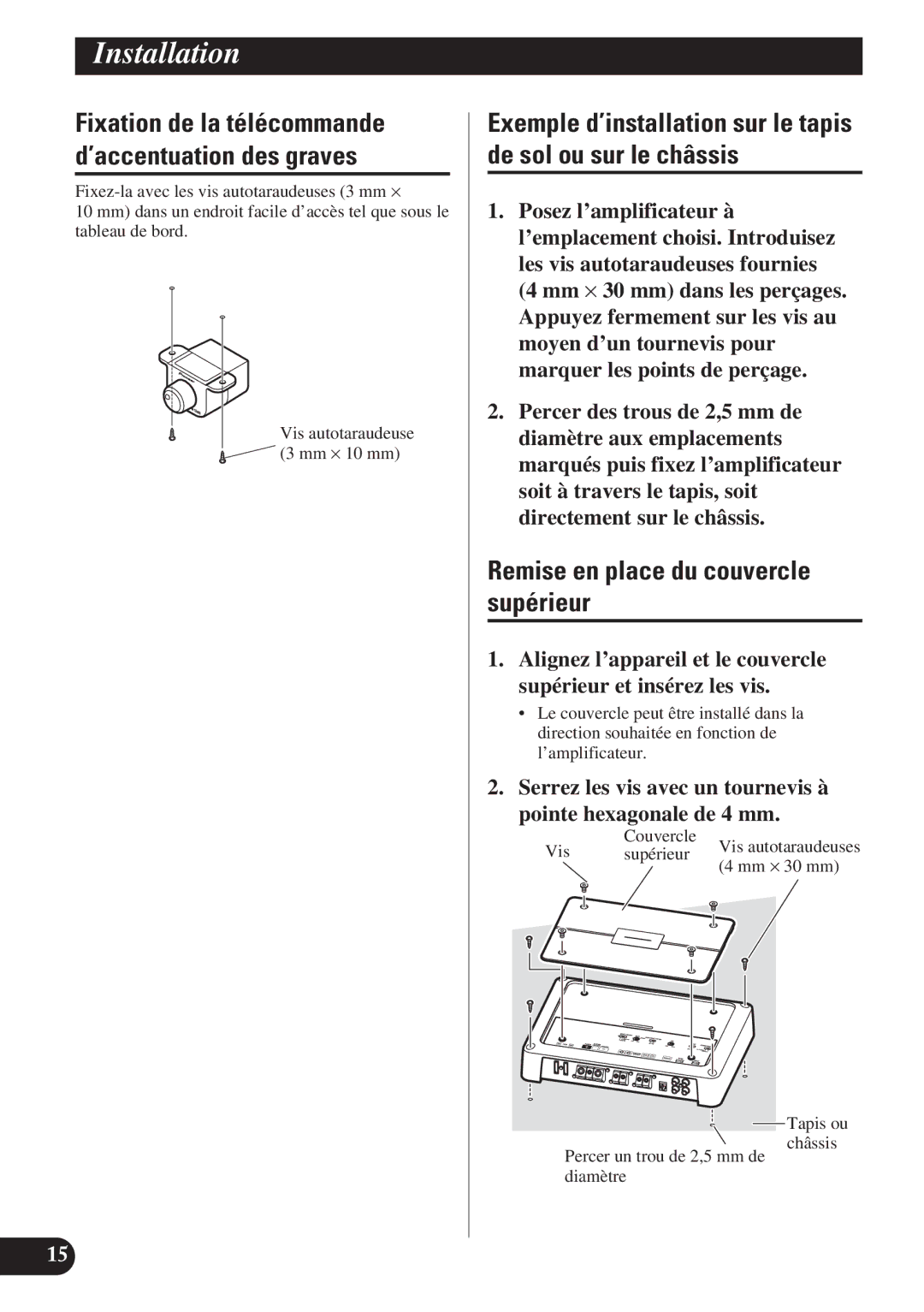 Pioneer PRS-D1200M Remise en place du couvercle supérieur, Fixation de la télécommande d’accentuation des graves 