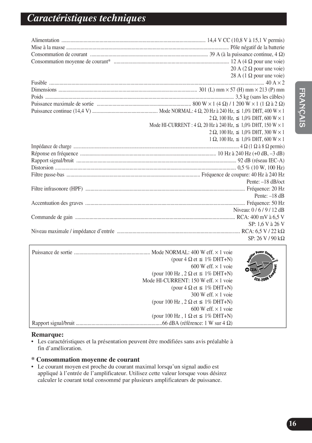 Pioneer PRS-D1200M owner manual Caractéristiques techniques 