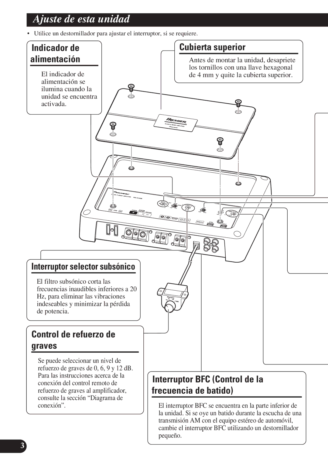 Pioneer PRS-D1200M Ajuste de esta unidad, Control de refuerzo de graves, Cubierta superior, Interruptor selector subsónico 