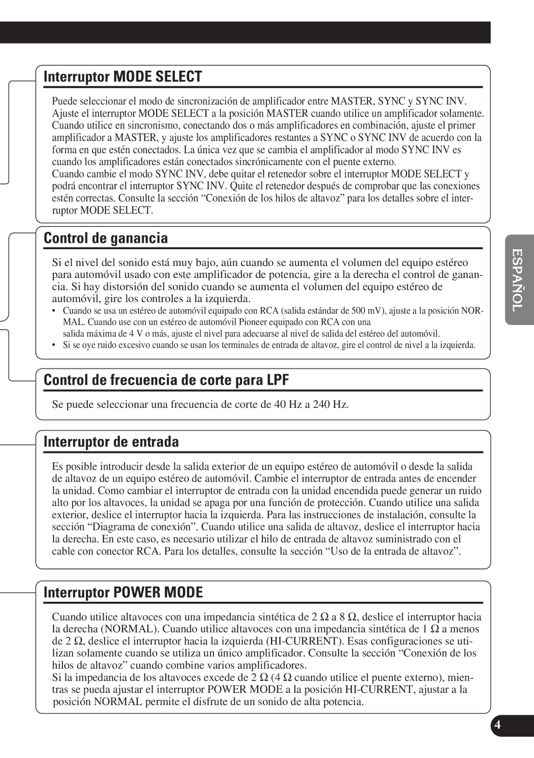 Pioneer PRS-D1200M owner manual Interruptor Mode Select, Control de ganancia, Control de frecuencia de corte para LPF 