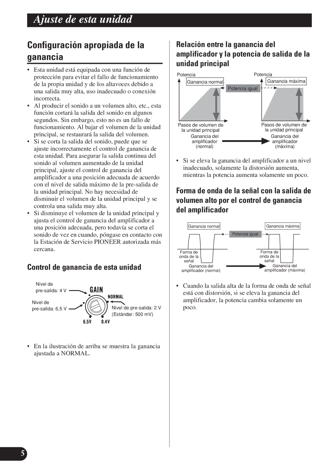 Pioneer PRS-D1200M owner manual Configuración apropiada de la ganancia, Control de ganancia de esta unidad 