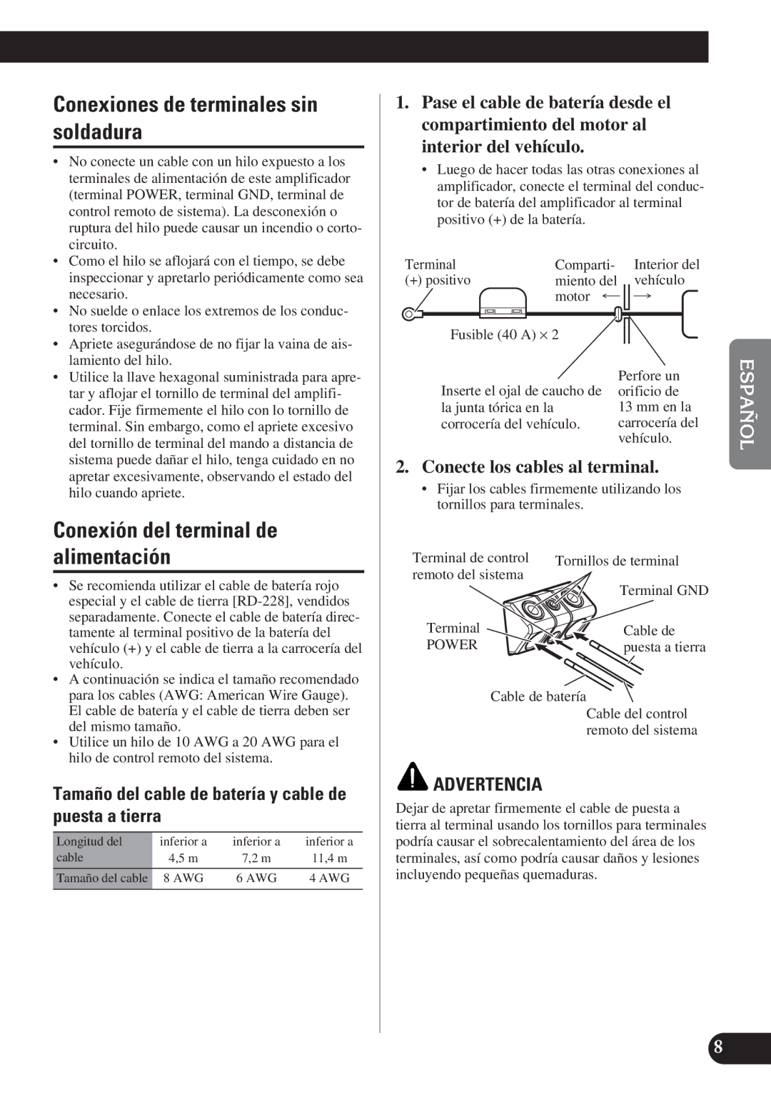 Pioneer PRS-D1200M owner manual Conexiones de terminales sin soldadura, Conexión del terminal de alimentación 