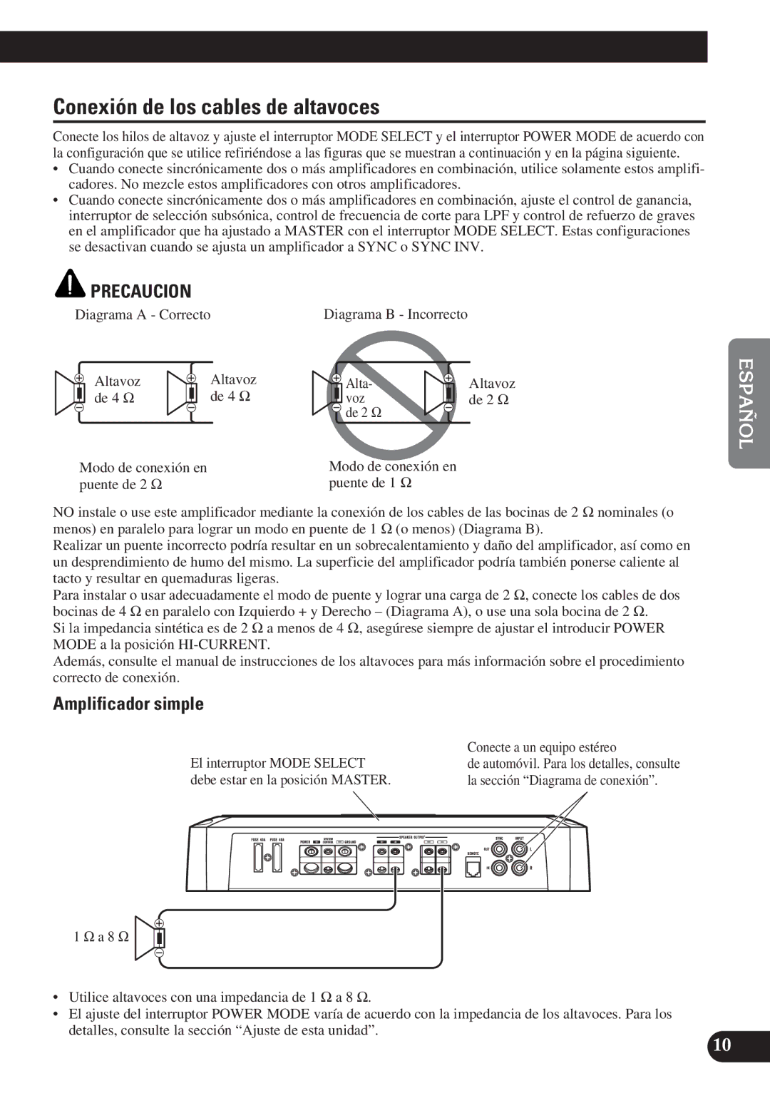 Pioneer PRS-D1200M owner manual Conexión de los cables de altavoces, Amplificador simple 