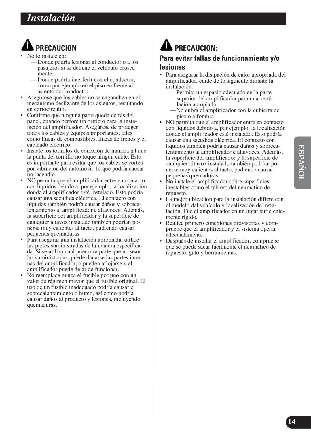 Pioneer PRS-D1200M owner manual Instalación, Para evitar fallas de funcionamiento y/o lesiones 