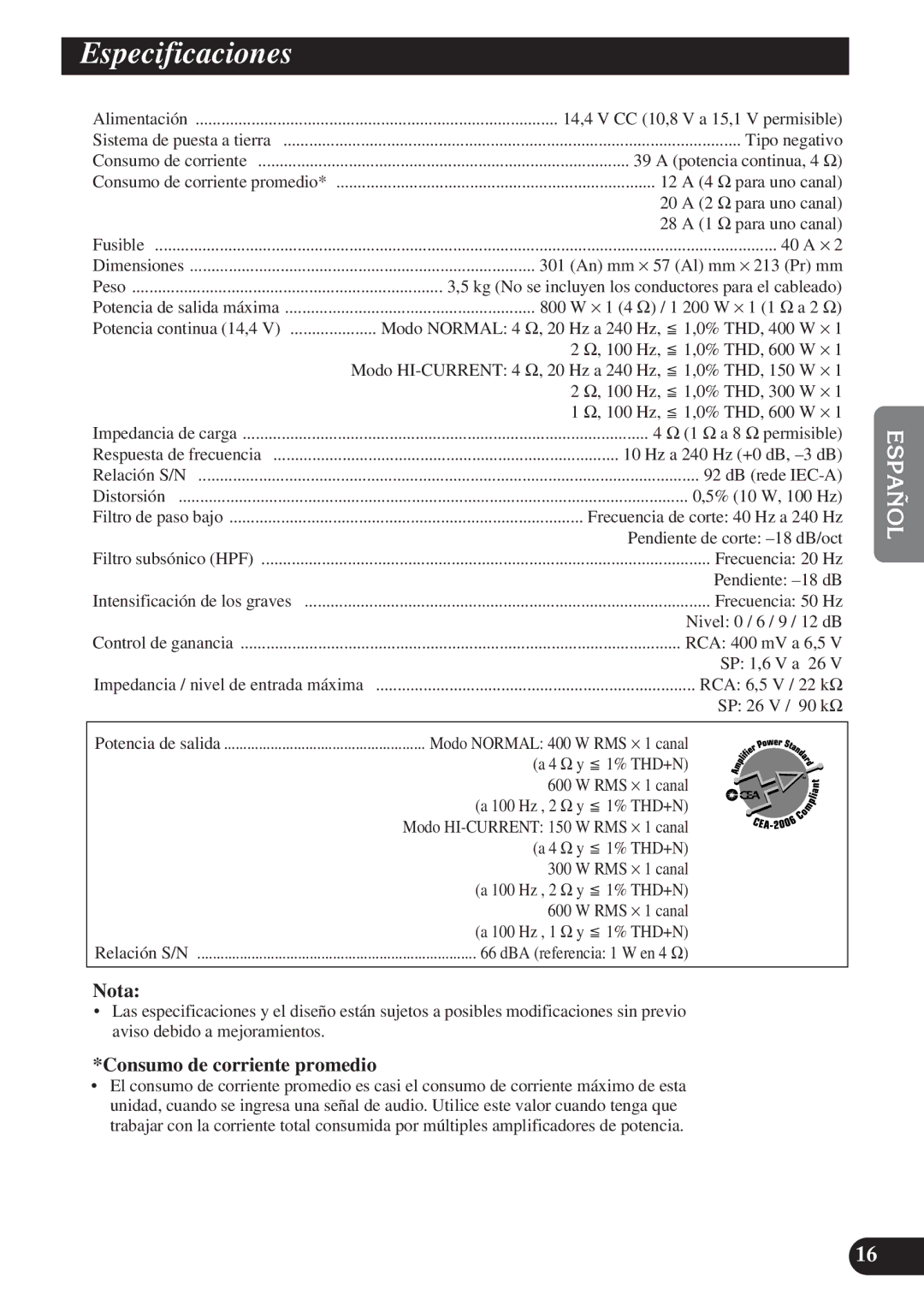 Pioneer PRS-D1200M owner manual Especificaciones 