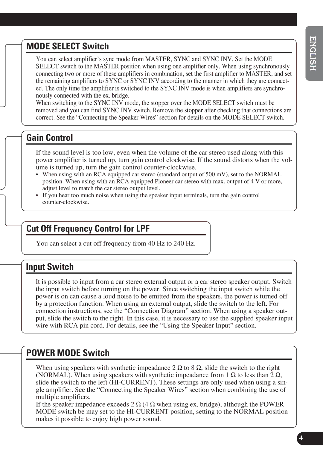 Pioneer PRS-D1200M Mode Select Switch, Gain Control, Cut Off Frequency Control for LPF, Input Switch, Power Mode Switch 