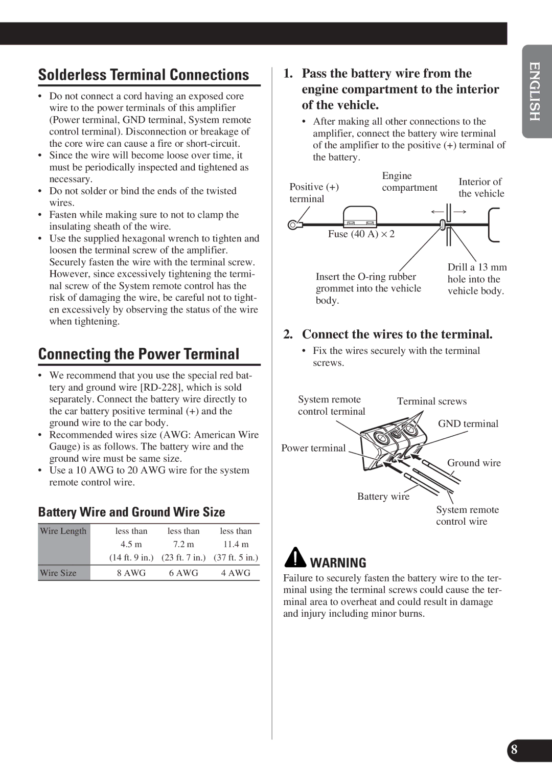 Pioneer PRS-D1200M owner manual Connecting the Power Terminal, Battery Wire and Ground Wire Size 