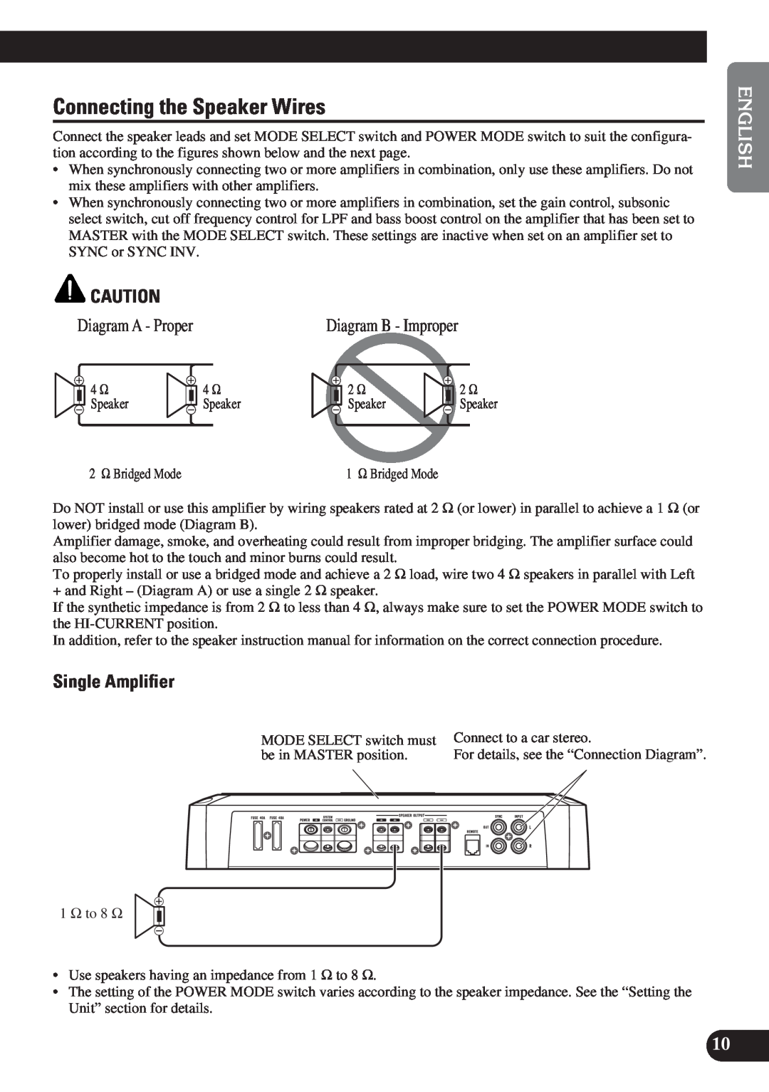Pioneer PRS-D1200M owner manual Connecting the Speaker Wires, Single Amplifier 