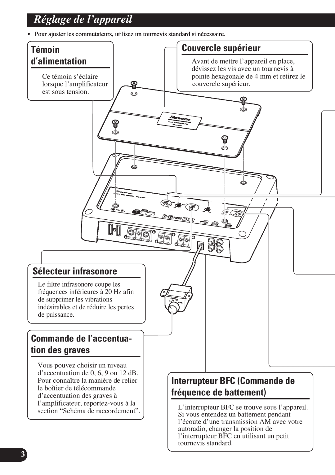 Pioneer PRS-D1200M owner manual Réglage de l’appareil, Témoin d’alimentation, Sélecteur infrasonore, Couvercle supérieur 