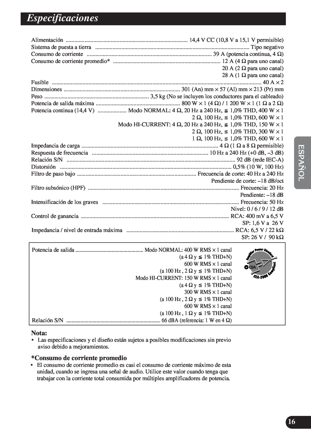 Pioneer PRS-D1200M owner manual Especificaciones, Nota, Consumo de corriente promedio 