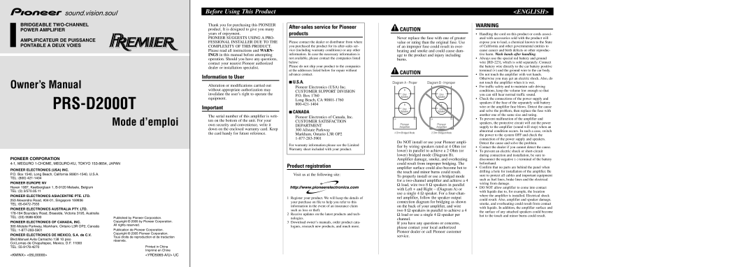 Pioneer PRS-D2000T owner manual Before Using This Product, English, Information to User, Product registration 