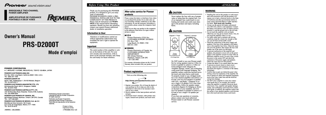 Pioneer PRS-D2000T owner manual Before Using This Product, English, Information to User, Product registration, 7U.S.A 