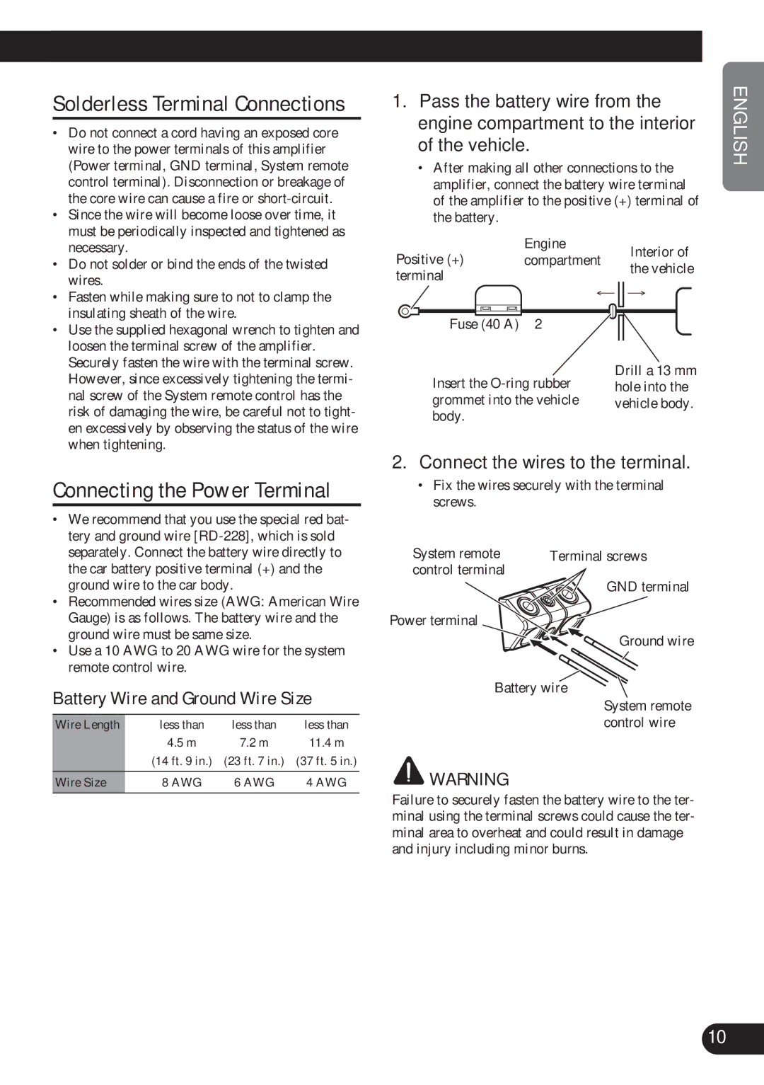 Pioneer PRS-D2200T owner manual Connecting the Power Terminal, Battery Wire and Ground Wire Size 