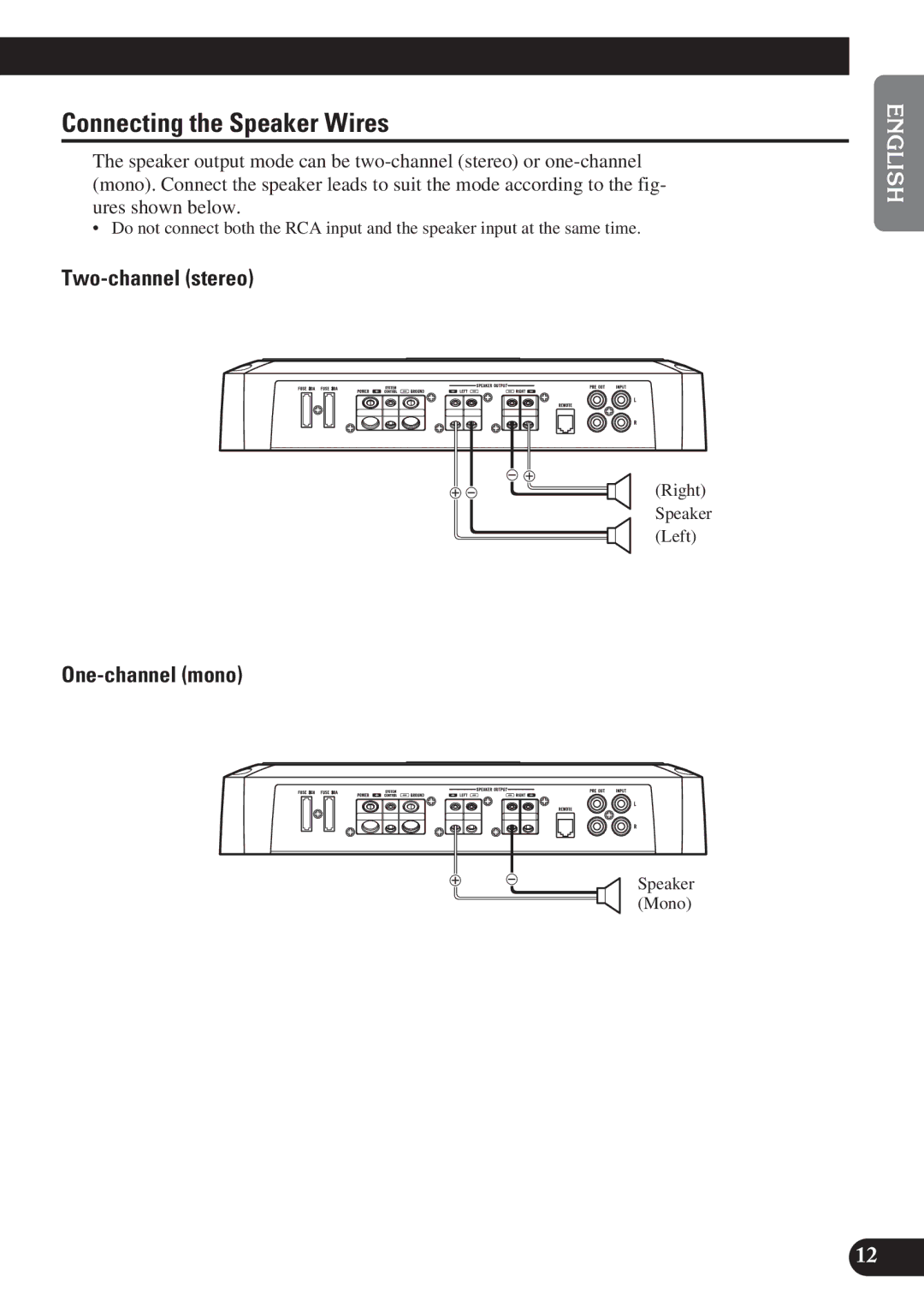 Pioneer PRS-D2200T Connecting the Speaker Wires, Two-channel stereo, One-channel mono, Right Speaker Left, Speaker Mono 