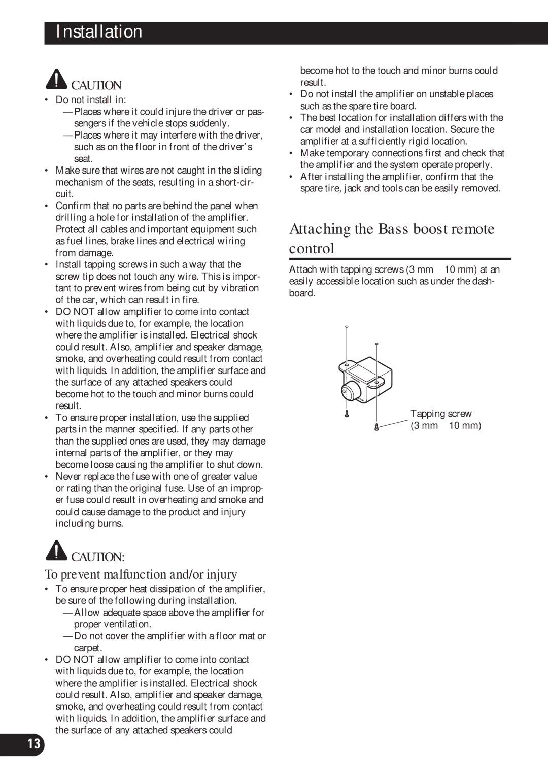 Pioneer PRS-D2200T owner manual InstallationA Tit e English, Attaching the Bass boost remote control 