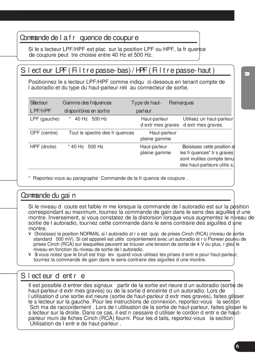 Pioneer PRS-D2200T owner manual Commande de la fréquence de coupure, Sélecteur LPF Filtre passe-bas/HPF Filtre passe-haut 